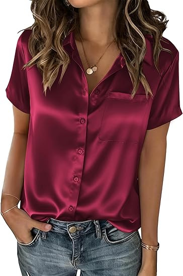 Satin Blouses for Women Silk Button Down Shirts Short Sleeve Business Casual Top