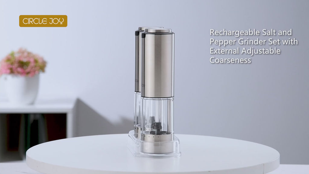 Mini Rechargeable Salt and Pepper Grinder Set with Wooden Base, Dust Cover and External Adjustment, Stainless Steel Electric Pepper Mill Grinders for Kitchen, Outdoors and Travel